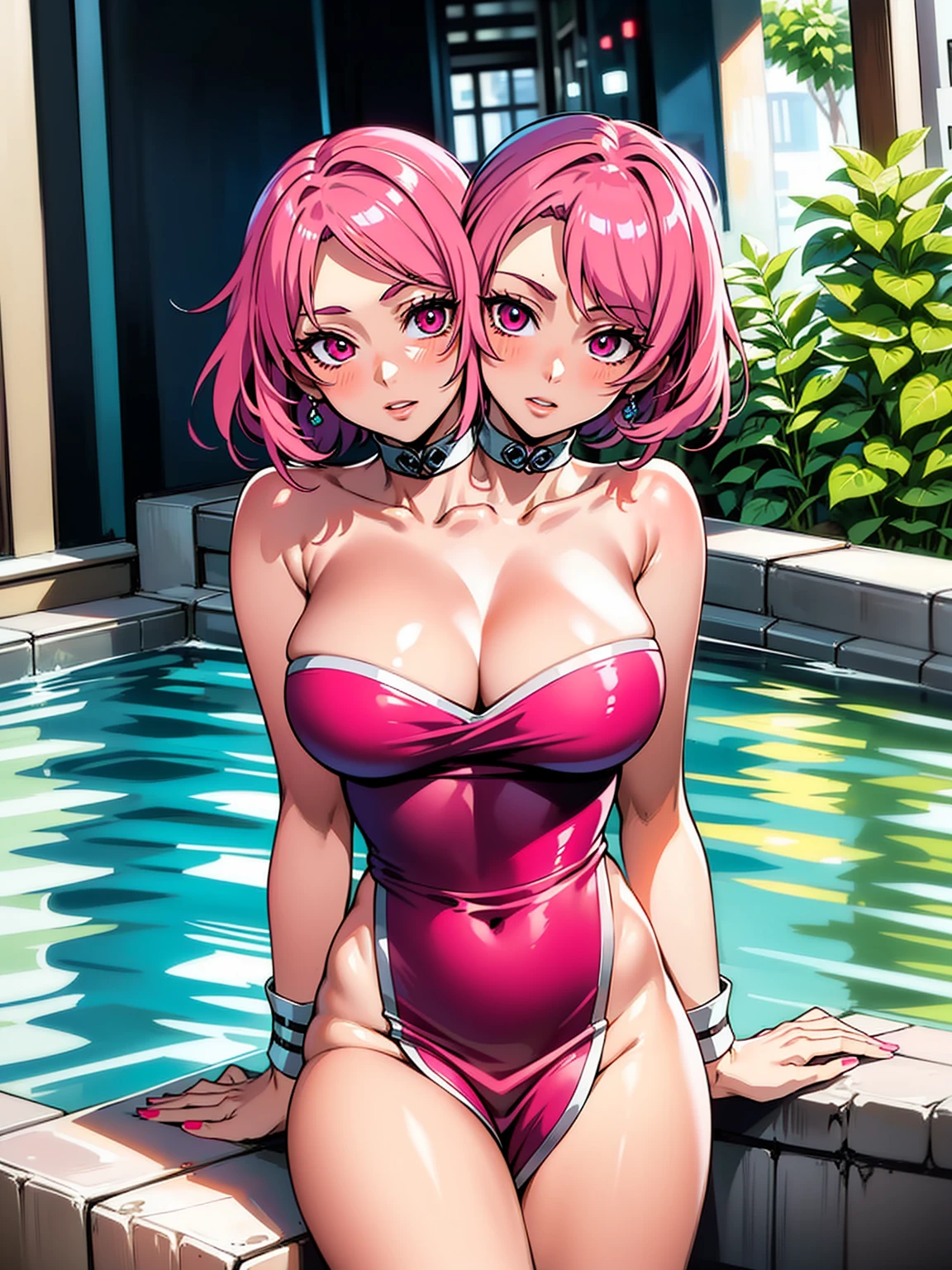 Masterpiece, Best quality, A high resolution, 1 girl, Side lighting, Masterpiece, Best quality, A high resolution, tsunade, (two_heads:1.3),（(blue hair)), ((pink hair)),( Magenta eyes), (different hair colors), A half body, swimming pool, Beautiful eyes, Gorgeous lips, medium breasts,Be red in the face), ((long side ponytail)), [ Megami at Café Terrace / The Café Terrace and Its Goddesses / Goddess Cafe Terrace ] Anime Design