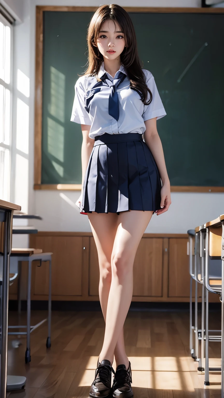 girls taking off blue skirt in sunny wooden school classroom,white school t-shirt,white thong,18-year-old,bangs,a little smile,thighs,knees,short hair with low pigtails bunches,from beside,front light