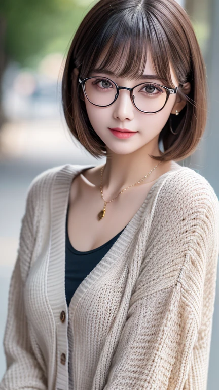 gorgeous adult woman, long neck, long short hair, bangs, perfect eyes eyes, soft light, high quality, 4k resolution, casual clothes, bead necklace, knit cardigan, over-rim eyewear, bespectacled