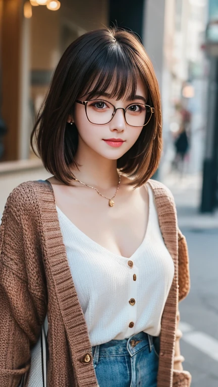 gorgeous adult woman, long neck, long short hair, bangs, perfect eyes eyes, soft light, high quality, 4k resolution, casual clothes, bead necklace, knit cardigan, over-rim eyewear, bespectacled
