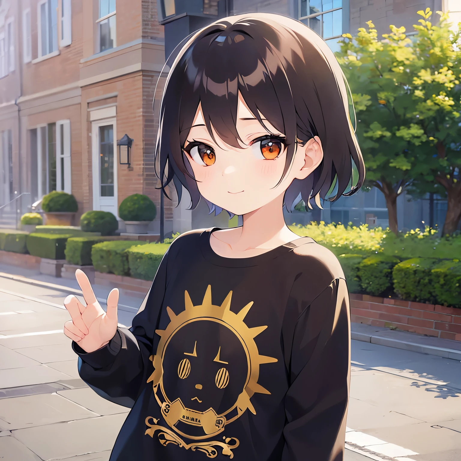 Side shot、Hands outstretched、
、masterpiece、Highest quality、 (Short hair with brown bangs) and (Orange eyes) and (5 year old boy:1.5)、Boy,
(Black long sleeve shirt)、
smile, The background is a park、The upper body is shown、Alone、