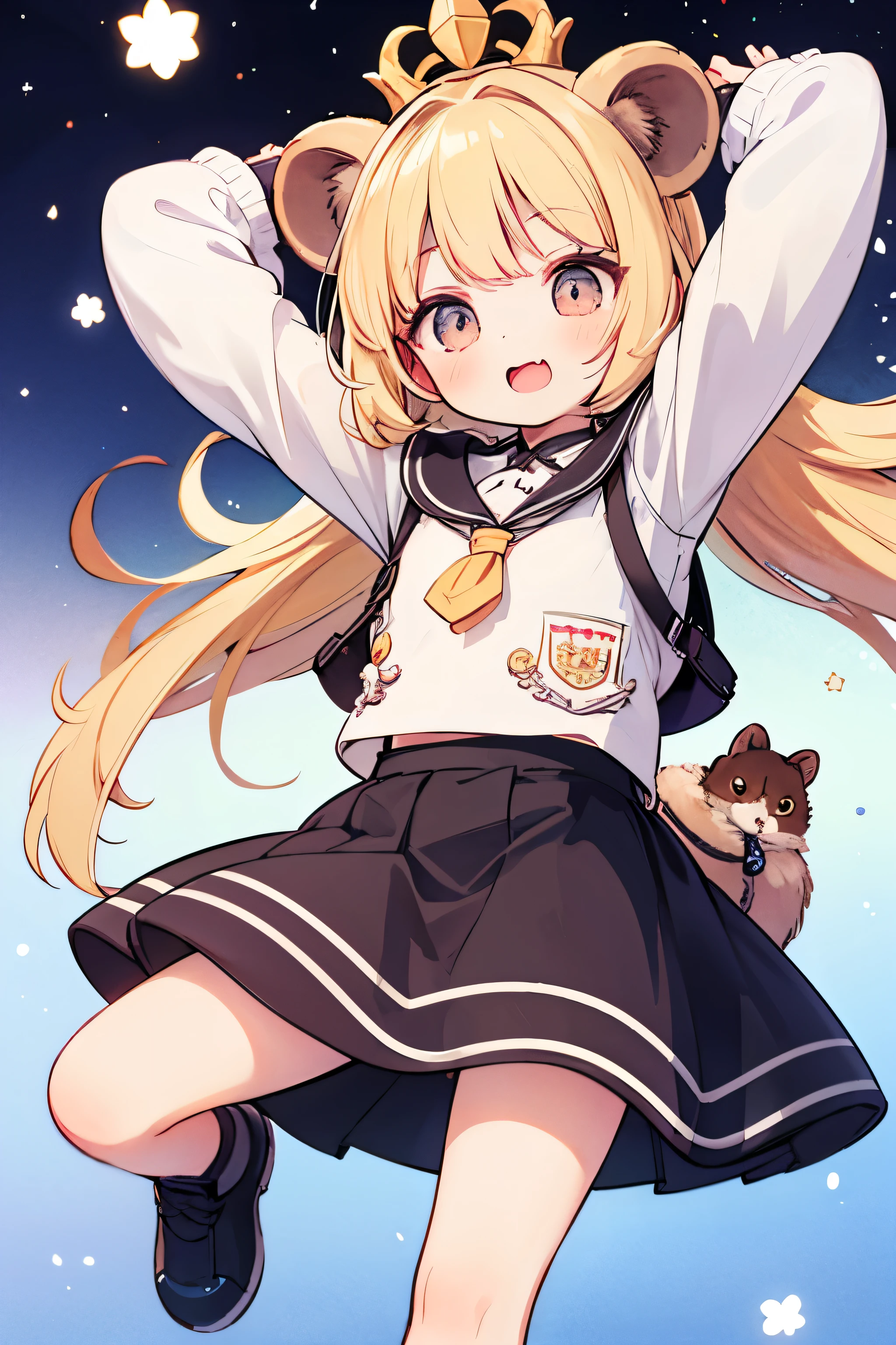 cute sable girl, cute marten clothes, cute expression, raising both arms, I'm startling, fantasy world,