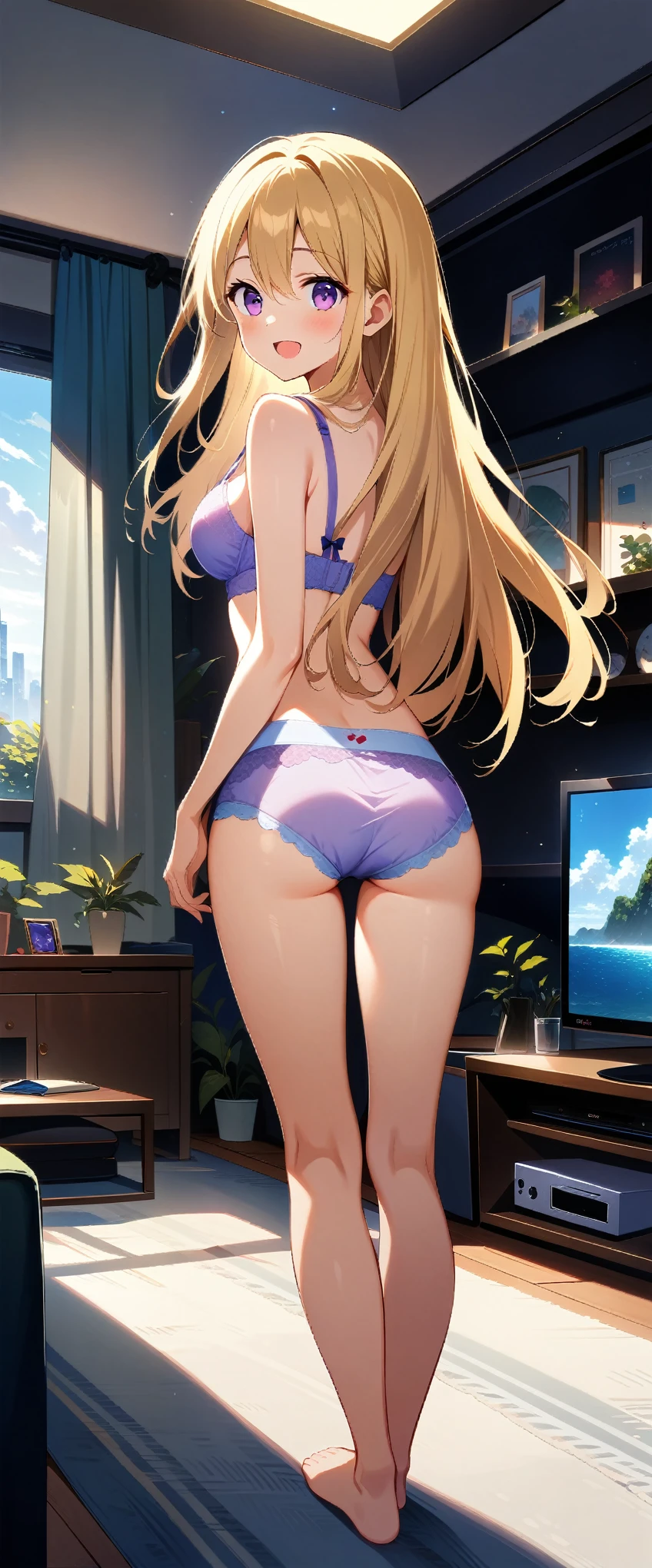 1 girl, , stand, long hair, golden hair, purple eyes, (Cute underwear), (cute bra), (happy), full body, (medium breasts), livingroom, from behind, ((looking at viewer)), ((32K)), ((best quality)), ((ultra high res)), ((HDR)), ((uhd)), ((extremely detailed CG)), ((unity 32K wallpaper)), ((perfect anatomy)),