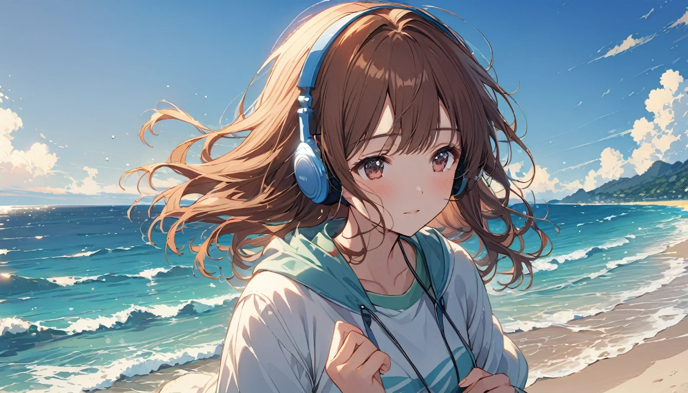 Brown-haired girl wearing headphones、Whisper of the Waves - Highly detailed、masterpiece, Highest quality, Bright - with a calm sea in the background、Relaxed facial expression、Casual clothing、Watching the waves on the beach
(Detailed fingers), (Emotional), (Breathtakingly beautiful), (main part:1.2 Whole body), (Anime Style), (Very detailed), (超High resolution, High resolution), (8k), (Complex and beautiful: 1.2)