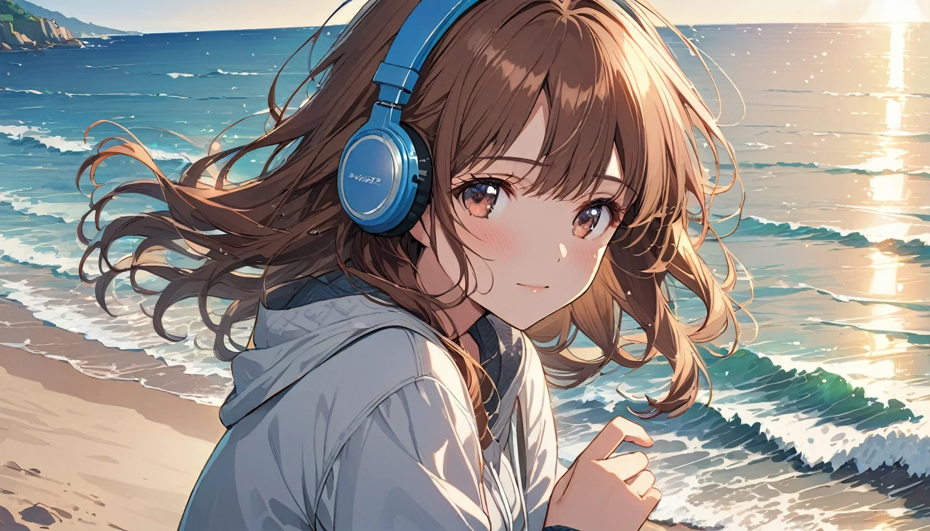 Brown-haired girl wearing headphones、Whisper of the Waves - Highly detailed、masterpiece, Highest quality, Bright - with a calm sea in the background、Relaxed facial expression、Casual clothing、Watching the waves on the beach
(Detailed fingers), (Emotional), (Breathtakingly beautiful), (main part:1.2 Whole body), (Anime Style), (Very detailed), (超High resolution, High resolution), (8k), (Complex and beautiful: 1.2)