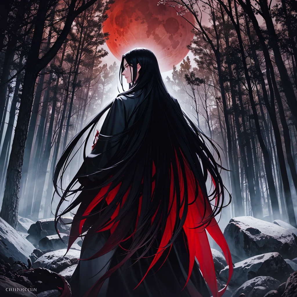 "Create a dark fantasy book cover image. oil painting style male character with long black hair wearing a black coat Standing in the middle of a dark forest There was a blood moon shining behind it. One side of his face showed a calm expression. The other side expressed anger. Use black as the main color. Add blood red to create conflict. The fonts make the letters look ancient and mysterious."