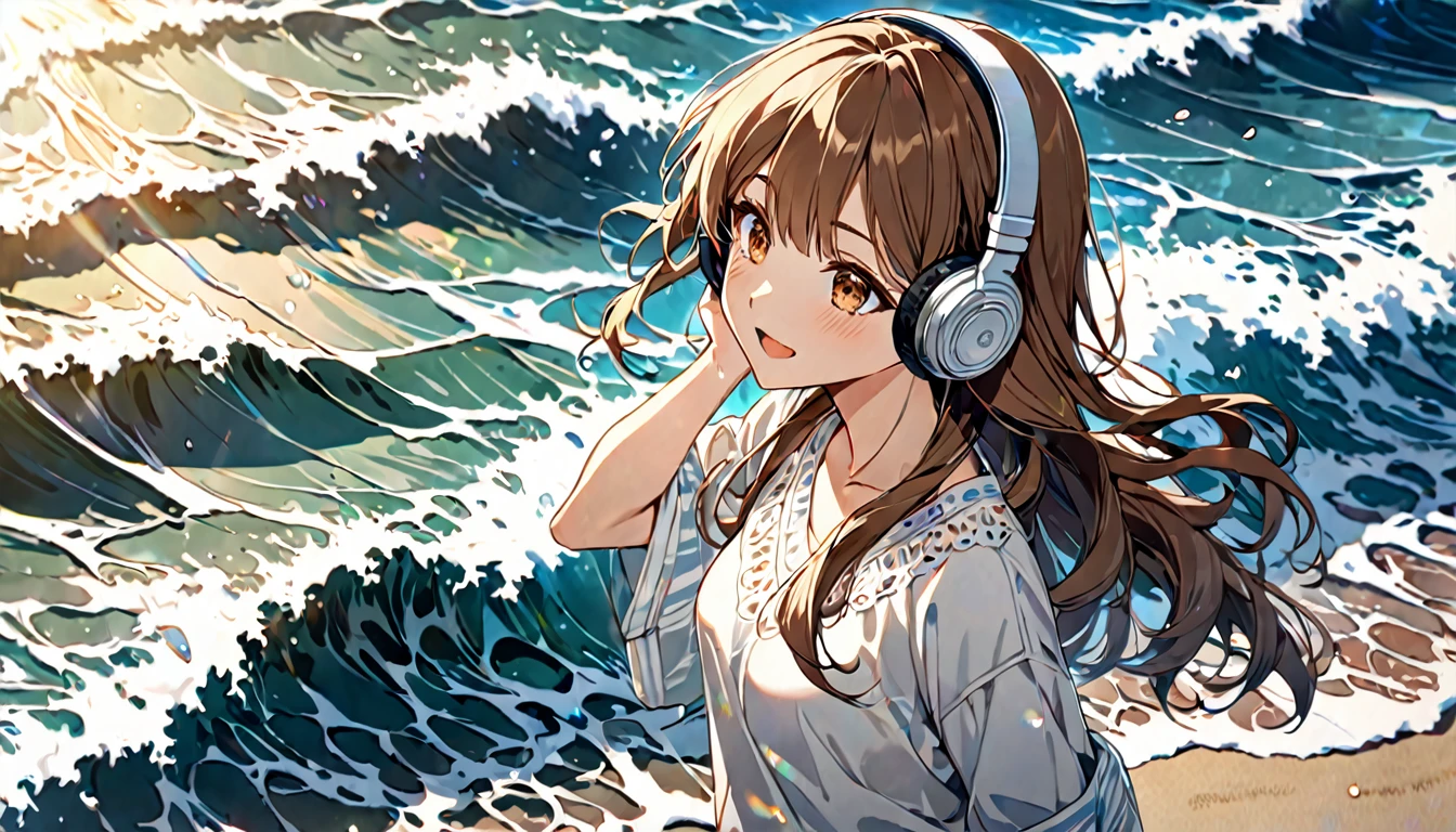 Brown-haired girl wearing headphones、Whisper of the Waves - Highly detailed、masterpiece, Highest quality, Bright - with a calm sea in the background、Relaxed facial expression、Casual clothing、Watching the waves on the beach
(Detailed fingers), (Emotional), (Breathtakingly beautiful), (main part:1.2 Whole body), (Anime Style), (Very detailed), (超High resolution, High resolution), (8k), (Complex and beautiful: 1.2)