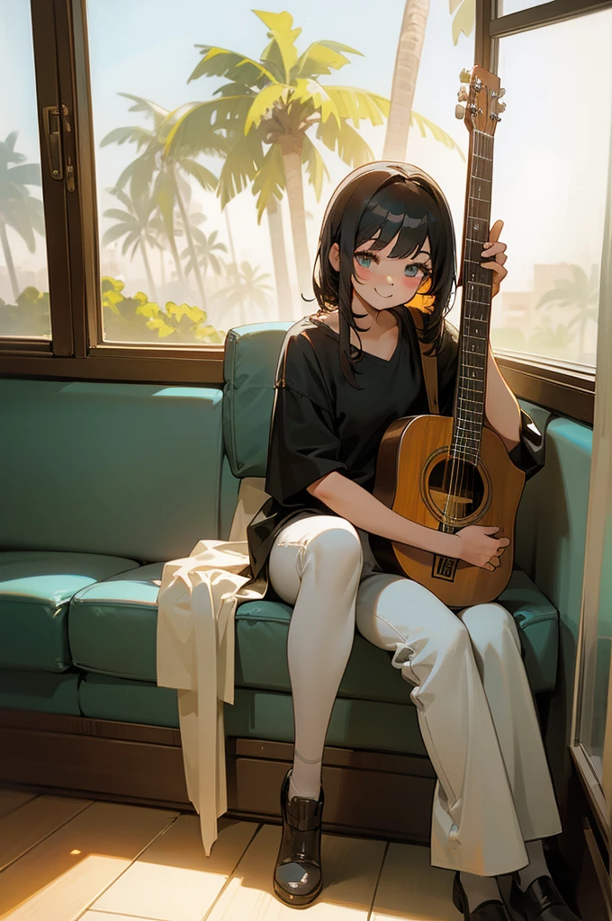 1 girl, sitting down with an acoustic guitar, background, inside of a house sitting, behind a window that showing LA with palm trees, she is facing towards you, looking towards you, with a big smile, full body, sitting on a chair, window in the middle of wall, body facing toward you, eyes close, smiling, head looking down at her guitar,