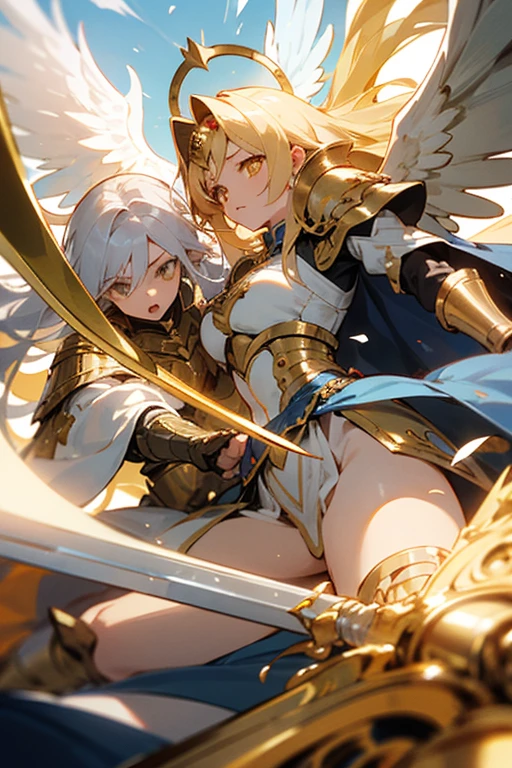 Ultra detailed image with 2 girls battling with giant swords, a girl has long white hair and white armor and white angelic wings and golden halo on her head and white eyes and a giant golden sword in her hand, the other girl has long golden hair with golden armor and golden dragon wings and golden eyes and a giant black sword in her hand 