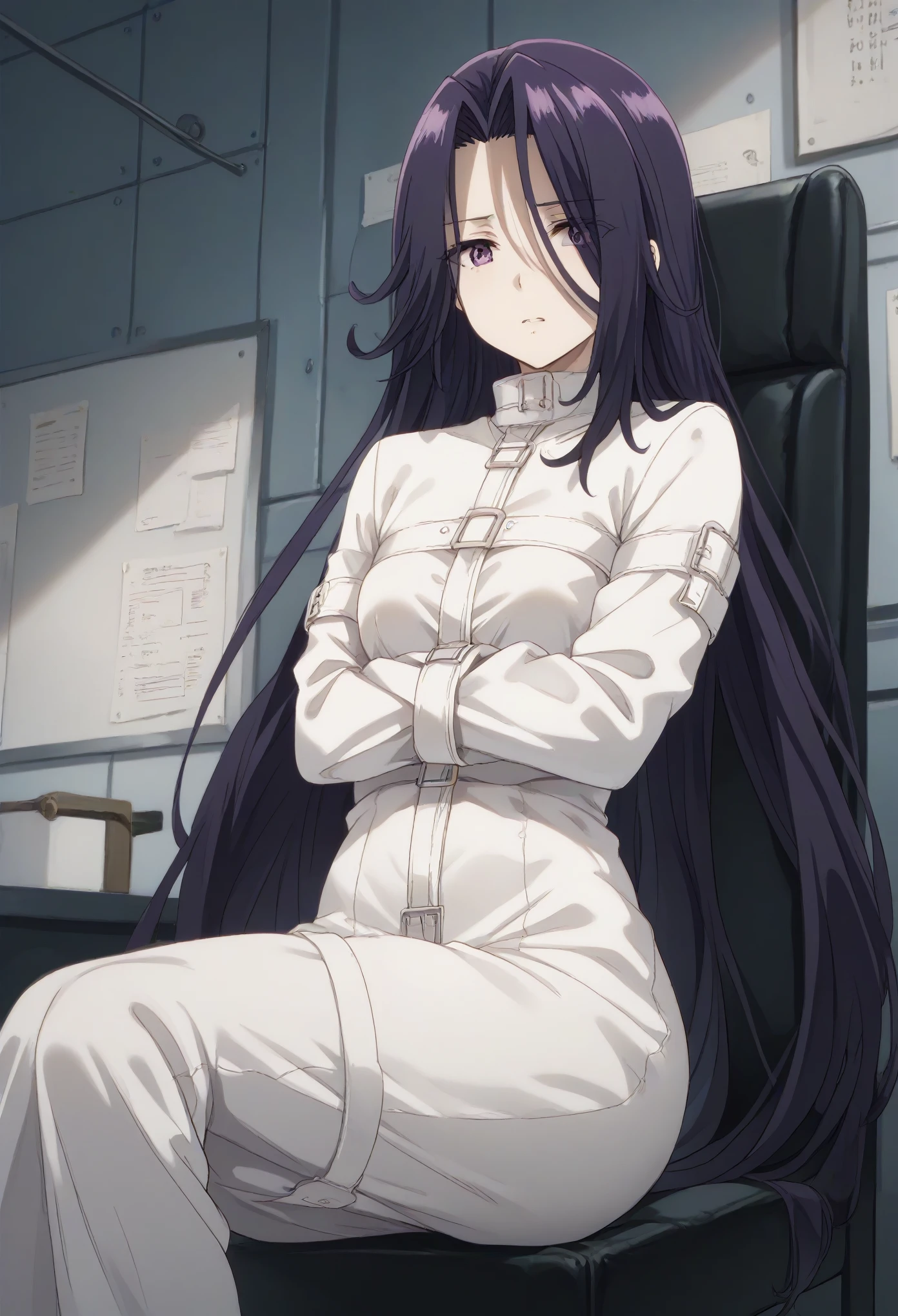 aurora,tall woman, long hair, purple hair, very long hair, purple eyes,navel,midriff,(((white Latexstraitjacket))),in the white room,sitting on the chair
