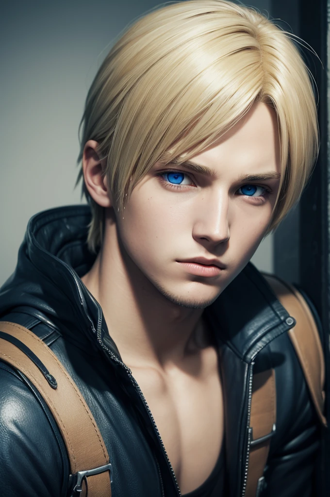 realist art, of a blonde young adult, blue colored eyes, Leon Kennedy's brother from Resident Evil, possessing several traits similar to his brother's, realist art