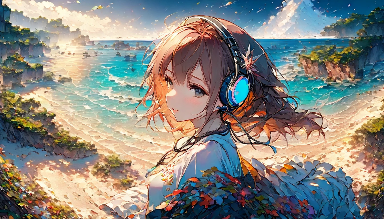 Brown-haired girl wearing headphones、Whisper of the Waves - Highly detailed、masterpiece, Highest quality, Bright - with a calm sea in the background、Relaxed facial expression、Casual clothing、Watching the waves on the beach
(Detailed fingers), (Emotional), (Breathtakingly beautiful), (main part:1.2 Whole body), (Anime Style), (Very detailed), (超High resolution, High resolution), (8k), (Complex and beautiful: 1.2)