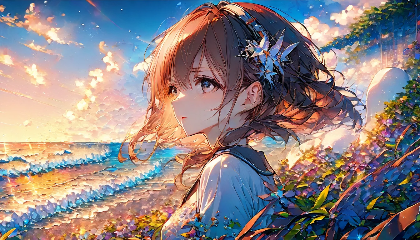 Brown-haired girl wearing headphones、Whisper of the Waves - Highly detailed、masterpiece, Highest quality, Bright - with a calm sea in the background、Relaxed facial expression、Casual clothing、Watching the waves on the beach
(Detailed fingers), (Emotional), (Breathtakingly beautiful), (main part:1.2 Whole body), (Anime Style), (Very detailed), (超High resolution, High resolution), (8k), (Complex and beautiful: 1.2)