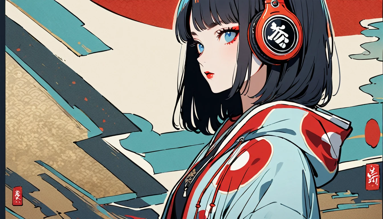 (((1 girl))), (((Flashy makeup))), (((Japanese style headphones))), (((Japanese pattern hoodie))), (((Put on the hood))), Japan人の美少女, Black Hair, Delicate and precise, Modern ukiyo-e style,Japan, Japanese flag, red and blue neon