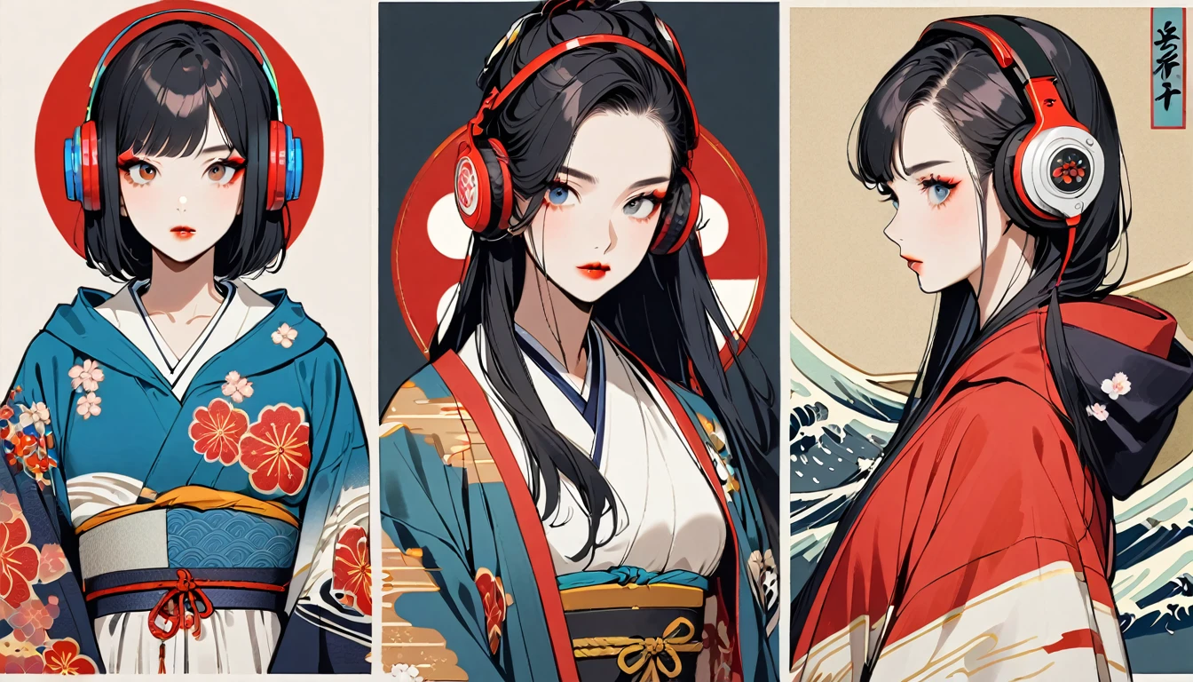 (((1 girl))), (((Flashy makeup))), (((Japanese style headphones))), (((Japanese pattern hoodie))), (((Put on the hood))), Japan人の美少女, Black Hair, Delicate and precise, Modern ukiyo-e style,Japan, Japanese flag, red and blue neon