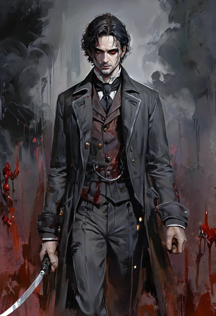 Realistic Digital Painting with Concept Art Elements"," digital painting," "concept art," "realistic," "high detail", "high-res", "ominous aura,", "8k resolution", "oil painting", "darker tone" , "little saturation" ,"dark feeling", "dirty art-style", "concept art" , "detailed features" , "detailed eyes" "1man" , "jack the ripper" , "19th centaury London" , "attractive" , "covered in blood" , "handsome" , "hook in hand" , "full body"