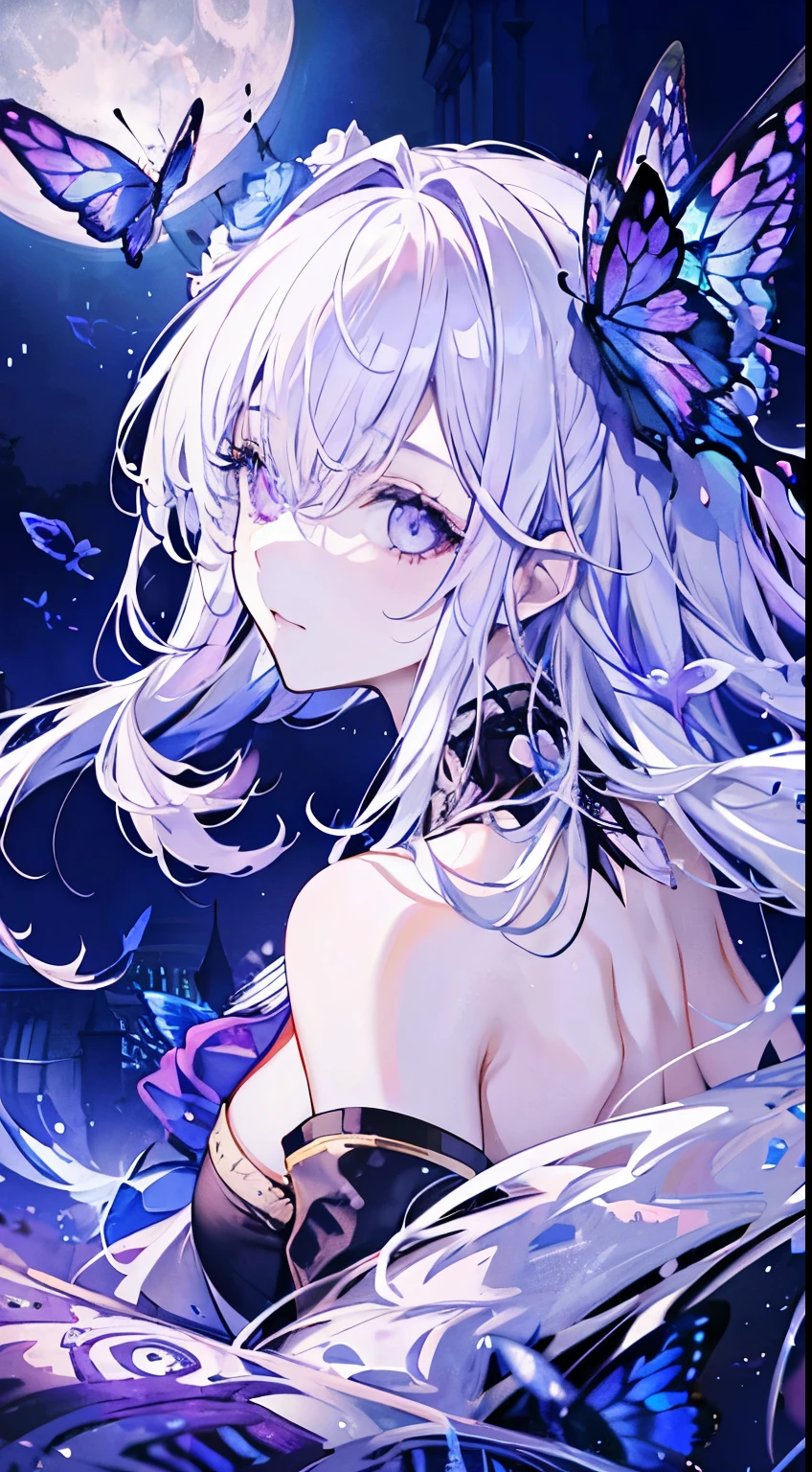 silber hair,butterflys,long whitr hair,8k wallpaper,detailedbackground,Highest high resolution,deep v big breasts,Hair covers one eye,Bandeau,Church background,Purple roses,tight-fitting,themoon,