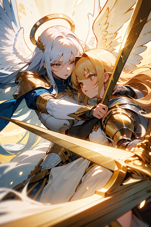 Ultra detailed image with 2 girls battling with giant swords, a girl has long white hair and white armor and white angelic wings and golden halo on her head and white eyes and a giant golden sword in her hand, the other girl has long golden hair with golden armor and golden dragon wings and golden eyes and a giant black sword in her hand 