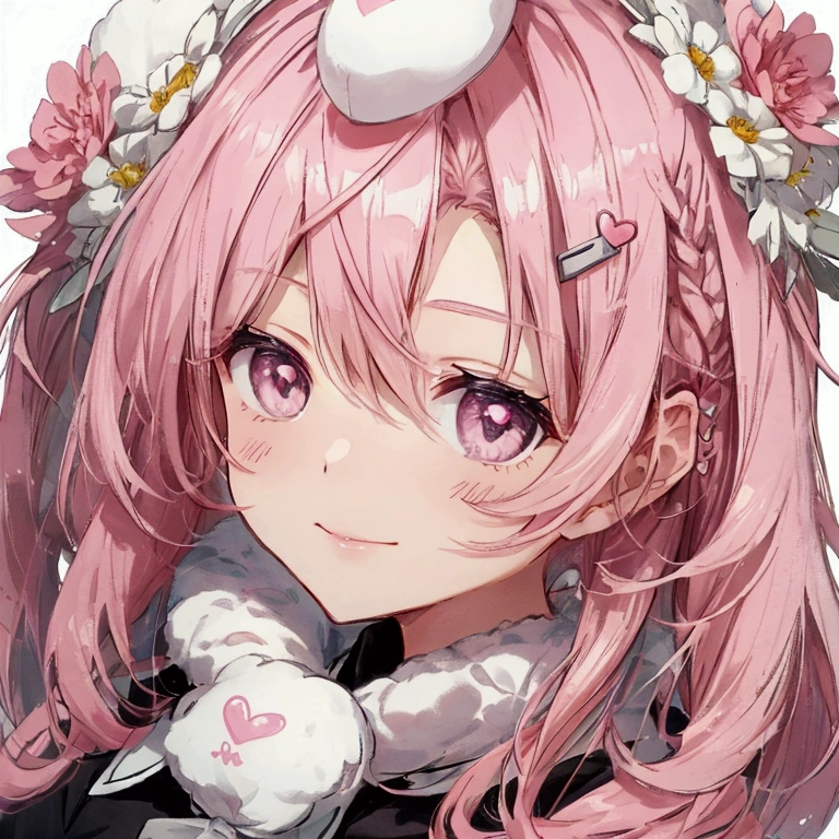 Create an anime-style VTuber character with the following features:

- Hair: Short, layered pink hair with white tips, styled with a slight messiness.
- Accessories: Hair adorned with a small, cute bunny clip and white flower hair clips.
- Eyes: Large, expressive eyes with a warm golden hue.
- Expression: Varying expressions such as winking, smiling softly, or looking sleepy.
- Clothing: Adorable, cozy clothing with a touch of cuteness, like oversized sleeves or a fluffy scarf.
- Background: Simple backgrounds with pastel colors, often incorporating small, cute elements like hearts or stars.
- Style: The overall art style should be vibrant and cute, with a focus on capturing a warm and friendly personality."

