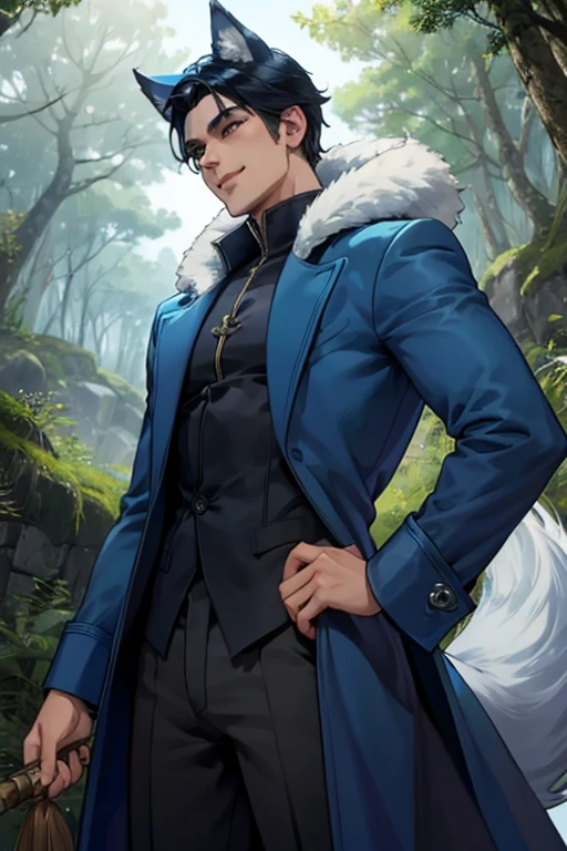 Perfect face. Perfect hands. Perfect blue wolf ears. Perfect blue wolf tail. A handsome black haired man with blue wolf ears and a blue tail in a long coat is smiling while exploring a creepy forest