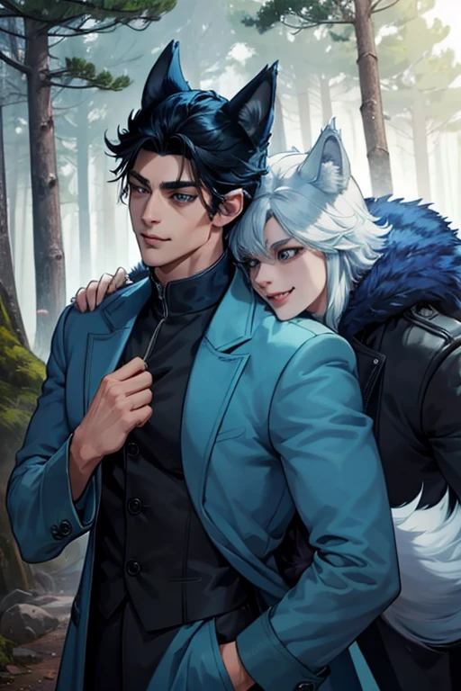 Perfect face. Perfect hands. Perfect blue wolf ears. Perfect blue wolf tail. A handsome black haired man with blue wolf ears and a blue tail in a long coat is smiling while exploring a creepy forest