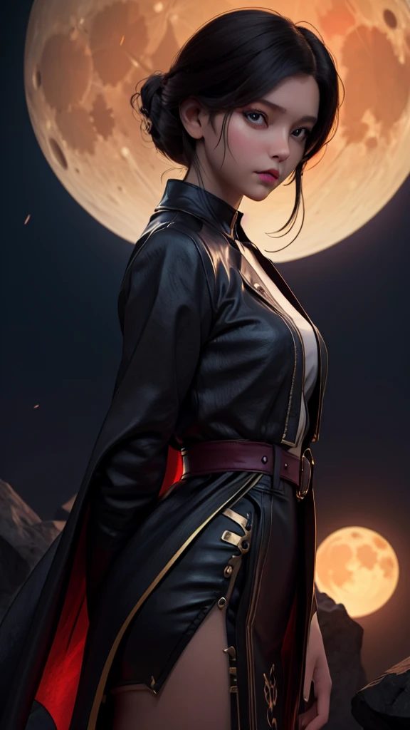 wide shot of a beautiful vampire girl standing under a full moon night, photorealistic, extreme details, atmospheric lighting, cinematic scene, high resolution, intricate textures, ethereal glow, detailed facial features, dramatic shadows