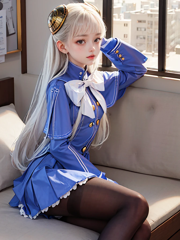 masterpiece, best quality, 1 girl, solo, , (flat chest),ingridms, hairpods, gloves, skirt, pantyhose, bow, dress, sitting, tutututu,blackpantyhose, Crotchless pantyhose, white lace panties under pantyhose,
