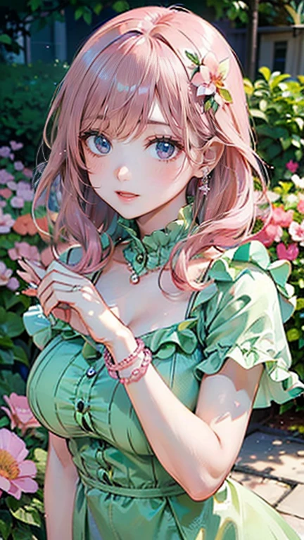 (Masterpiece, BestQuality:1.3), (ultra detailed:1.2), (hyperrealistic:1.3), (RAW photo:1.2), High detail RAW color photo, professional photograph, (Photorealistic:1.4), (realistic:1.4), (Pink Hair:1.5), professional lighting, perfect anatomy, (Big Breasts:1.2), (blush, detailed face), (cheerful Smile:1.5), Trending Hair&Trending Hairカラーをランダムに, earrings, necklace, bracelet, sexly, erotic sexly, Random sexy gravure poses, (A beautiful and elegant woman wearing a light green frilled dress、Smiling among flowers in the garden、Pearl Earrings、Pose with flowers in hand。:1.3)