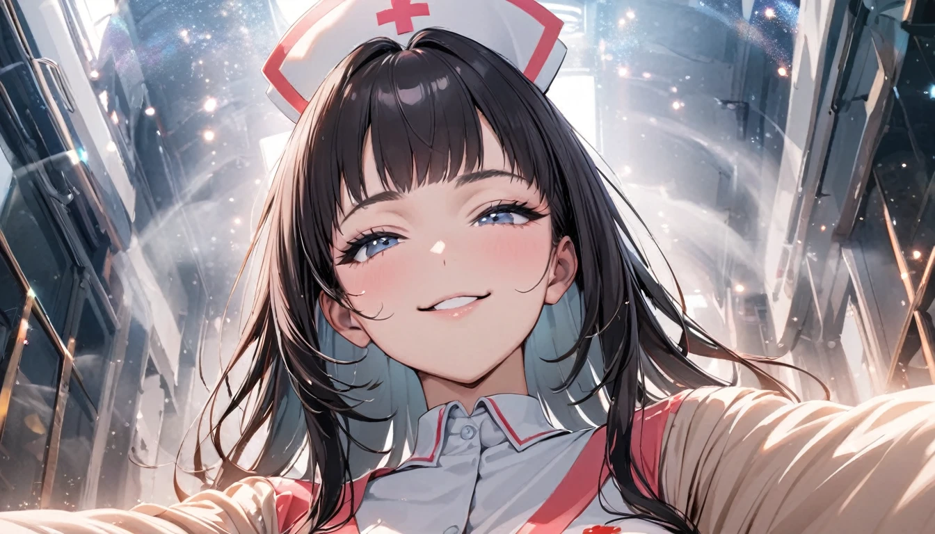 From below, Portraiture, Kind and beautiful nurse, Cool face, A shy smile, Superb proportions, She is wearing a loose cardigan over her nurse uniform., Glitter effect, fog effect