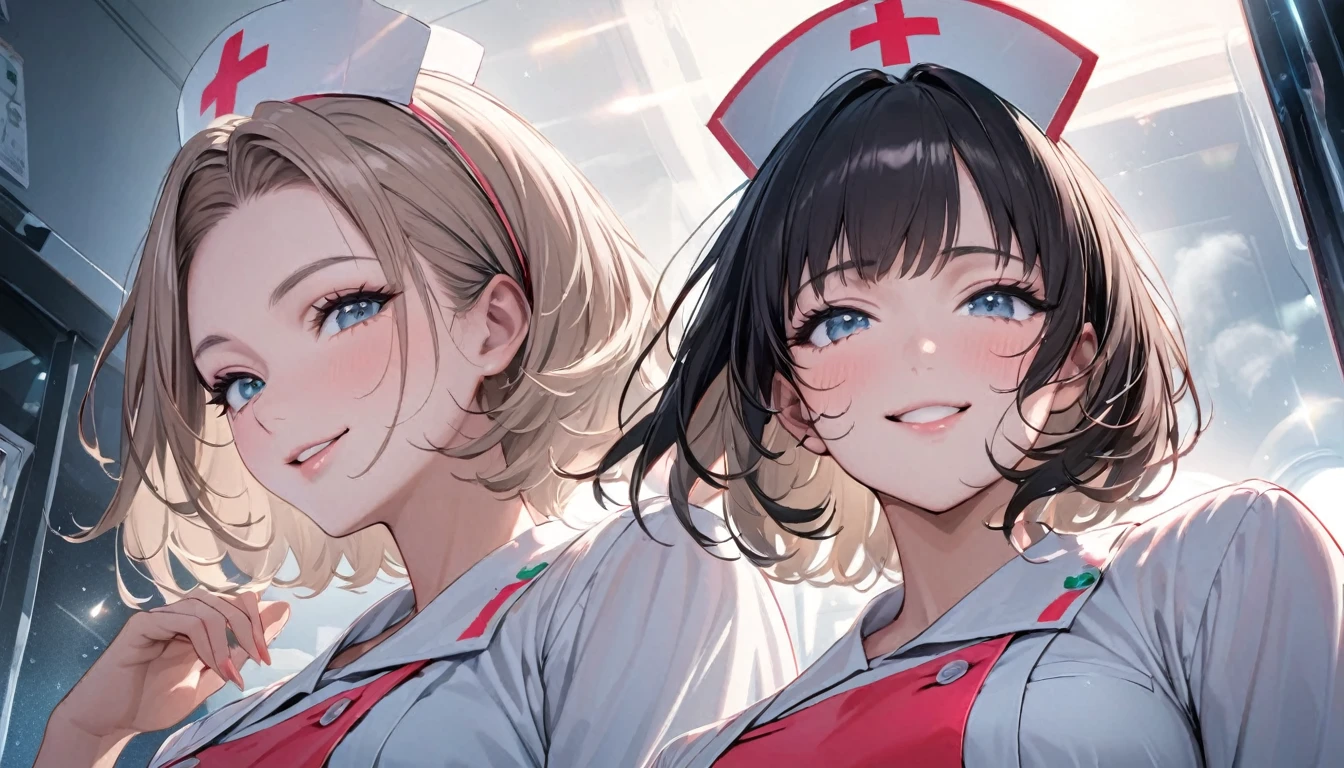 From below, Portraiture, Kind and beautiful nurse, Cool face, A shy smile, Superb proportions, She is wearing a loose cardigan over her nurse uniform., Glitter effect, fog effect