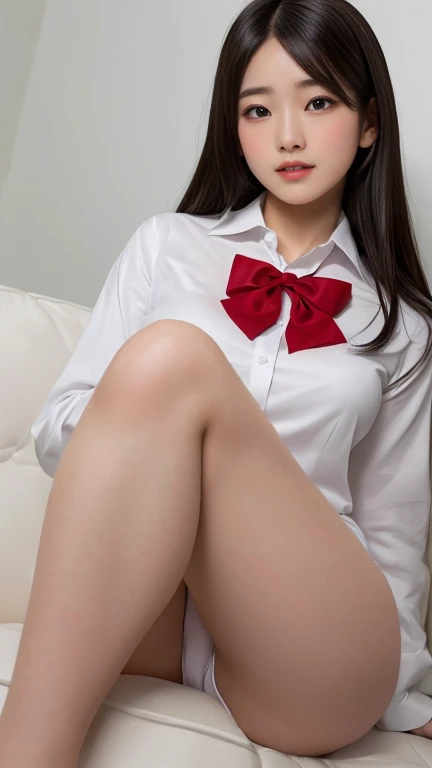 masterpiece, Highest quality, Very detailed, figure, Spectacular lighting, Structure of the film, Isoscale, One girl, alone, cute, Brown eyes, Black Hair, Swept-apart bangs, Single Side Lock, Red Hair Clip, White collared shirt, Black tie, Black trousers, formal, Captivating Gaze, Seductive pose, indoors, office, door, opening door, View your viewers, show one&#39;s upper body, blush, Captivating smile, Mouth closed,(8k:1.1),