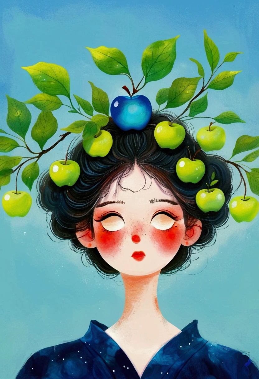 A painting shows a woman with a blue apple on her head, Look up。Jin Nong's Surrealism, Winner of the Behance competition, Pop surrealism, Color illustrations, A beautiful artistic illustration, Colorfull illustration, Pop surrealism art style, Digital illustration style, Fantasy illustrations, Illustration Art, Magical surrealism, Digital fantasy illustration, Pop surrealism lowbrow art style