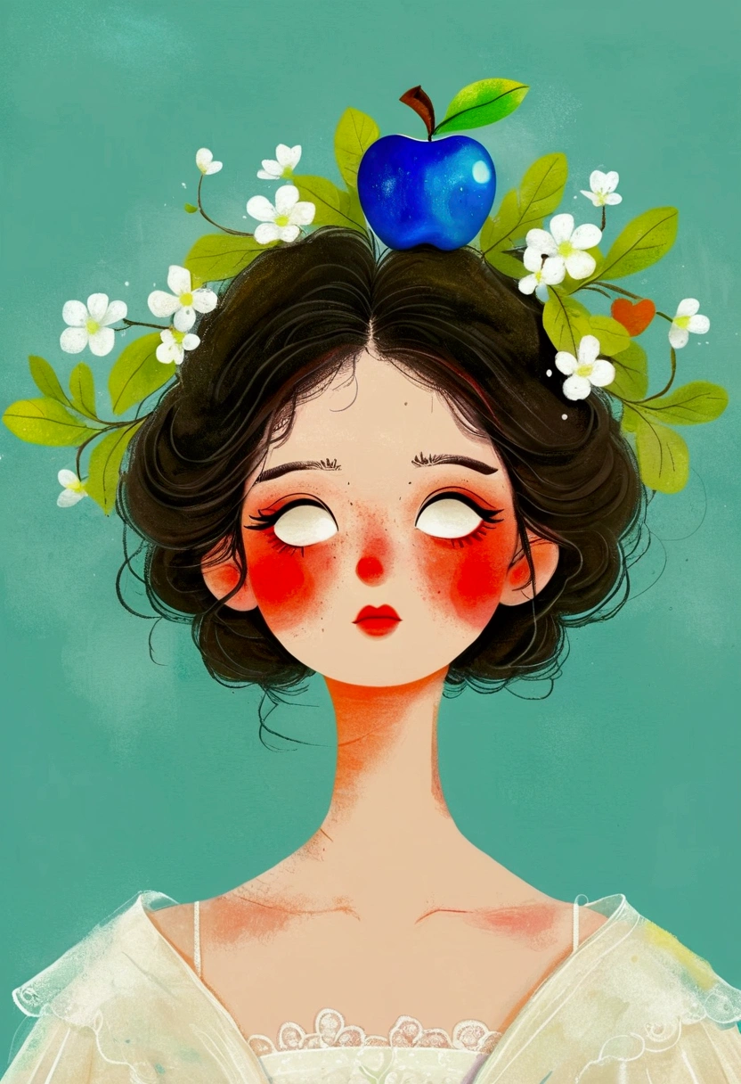 A painting shows a woman with a blue apple on her head, Look up。Jin Nong's Surrealism, Winner of the Behance competition, Pop surrealism, Color illustrations, A beautiful artistic illustration, Colorfull illustration, Pop surrealism art style, Digital illustration style, Fantasy illustrations, Illustration Art, Magical surrealism, Digital fantasy illustration, Pop surrealism lowbrow art style