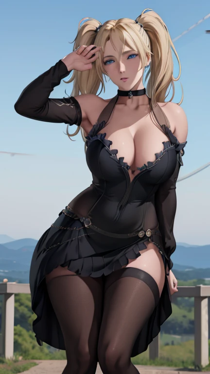 masterpiece, best quality, extremely detail 8k cg, high resolution, 1girl, narukouzumaki, twintails, wisker marks, blonde hair, blue eyes, perfect eyes, slim body, gigantic breasts, bursting breasts, lacasindress, black thighhighs, cleavage, outdoors, beautiful face, full shot photo, full body