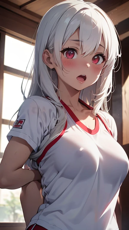 mastute piece,Best Quality,insanely detailed,8k cg,nsfw,
(shoot upper body:1.3),
(1girls:1.3),standing,looking at viewr,body in front,(both arms behind back:1.2),Arms behind your back、(white-dogi:1.3),(White martial arts uniform:1.4),
BREAK,
blush,shy,(ecstasy face),(trembling:1.2),BREAK,(light white hair:1.3),
BREAK,
perfect breasts,perfect teats,(open mouth:0.9),(large breasts:1.2),
(dojo),dojo、
