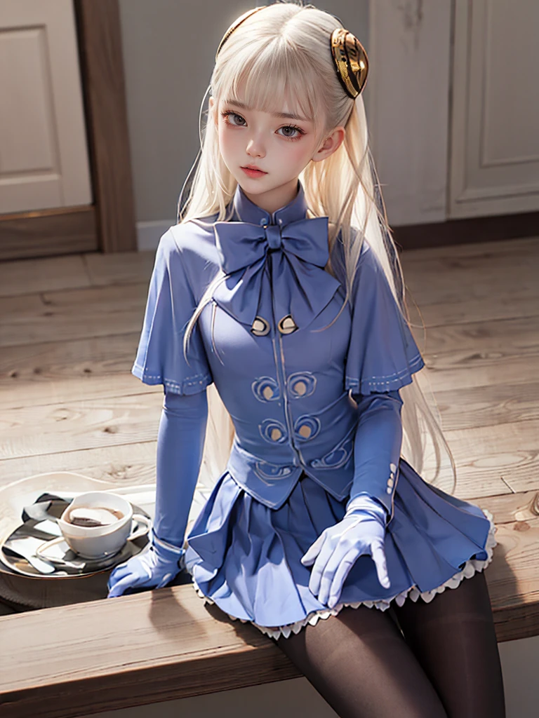 masterpiece, best quality, 1 girl, solo, 10 years old, (flat chest),ingridms, hairpods, gloves, skirt, pantyhose, bow, dress, sitting, tutututu,blackpantyhose, Crotchless pantyhose, white lace panties under pantyhose,