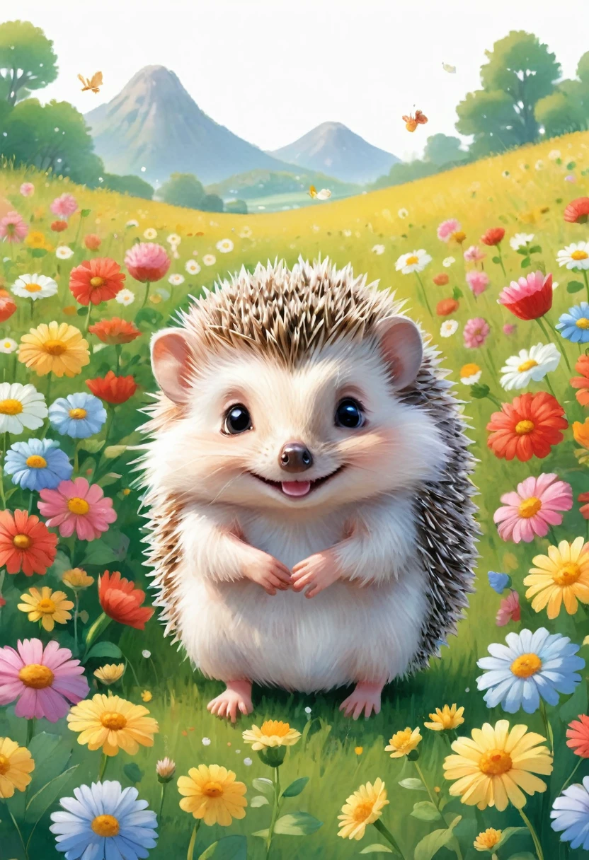 Friendly hedgehog、cute、Picture book characters、Flower Field