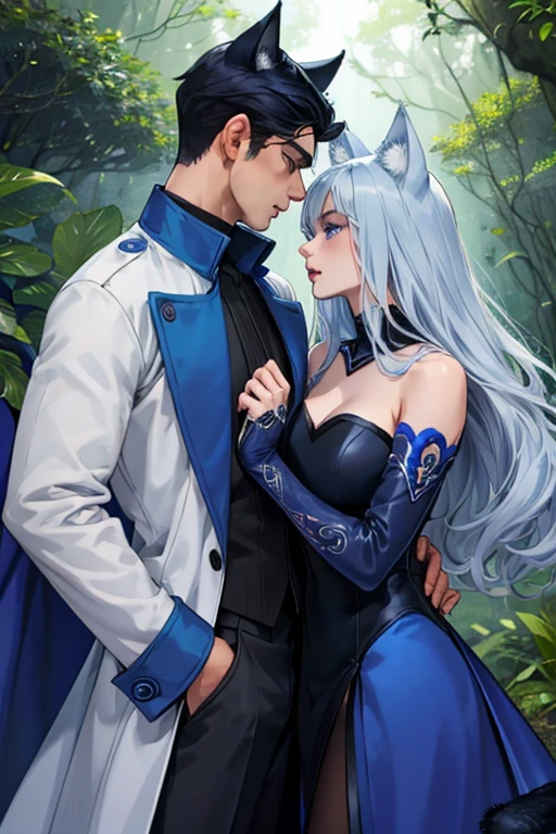 One man. One woman. Perfect face. Perfect hands. Perfect blue wolf ears. Perfect blue wolf tail. A handsome black haired man with blue wolf ears and a blue tail in a long coat is kissing a young silver haired woman with violet eyes and silver cat eyes and silver cat ears in the creepy forest