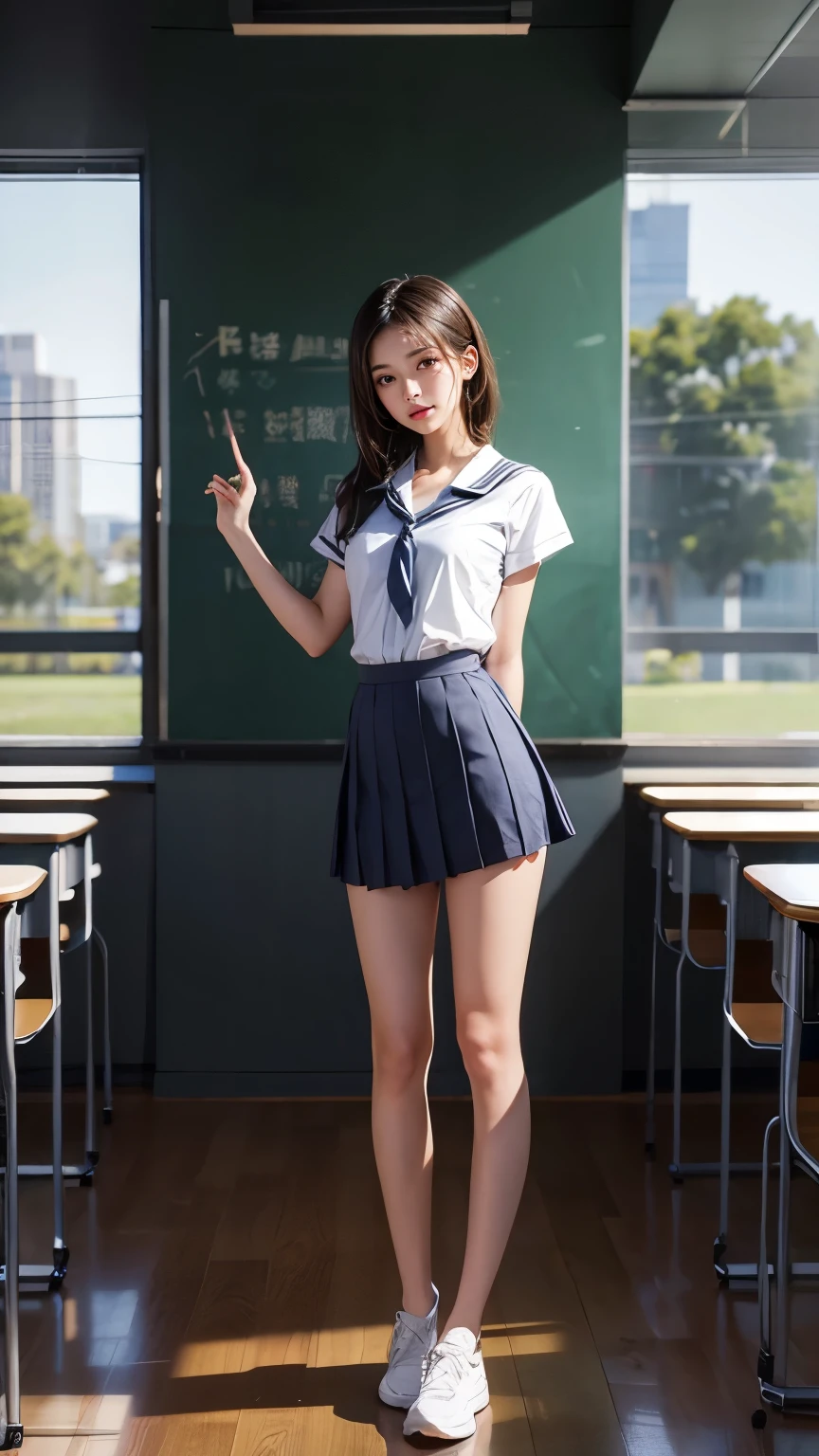 ((masterpiece)),(((最high quality))),(((Girl standing in a school classroom:1.7))),((((Photograph the whole body from knee height:1.8)))),((((((脚を揃えてPlease stand up straight:1.9)))))),((Thin thighs)),((Long legs:1.3)),(((Micro mini skirt for high school girls&#39; uniform:1.6))),((tall:1.8)),((Wearing a Japanese summer school girl&#39;s uniform:1.8)),((スリムなModel body type:1.5)),((Thin legs:1.5)),Wearing a white short-sleeved student shirt,(Age: 18:1.3),bangs,A small smile,((cute女の子)),Slender girl,((Black Loafers:1.3)),((short white socks up to the ankles,:1.3)),cute,The thigh area below the groin is slim and firm,cute,(Black hair ponytail),Thin legs,スリムなModel body type,Very small waist,Small hips,Long thighs,Thin thighs,Thin hands,Long hands,((((Photograph the whole body from below:1.5)))),(((((k-popのIVEのWONYOUNGにそっくりの女の子:1.9))))),((Stretch your whole body straight:1.8)),((((Only look forward:1.7))))((((stick your butt out a little:1.5)))),((White panties:1.7)),((tall:1.4)),(Stand with your legs straight without bending your knees:1.7),((Please stand up straight:1.9)),((Rotate your hips backwards:1.7)),The ankles are super thin,beauty,Fine skin,Firm Skin,引き締まったThin legsの肌を細部までリアルに再現,Very detailed, Attention to detail,high quality,Awards,High resolution,(Anatomically correct:1.3),(8k,RAW Photos,最high quality,masterpiece:1.5),(((女の子をPhotograph the whole body from below:1.5))),Height 173cm,((脚を揃えてPlease stand up straight:1.8)),((脚を揃えてPlease stand up straight:1.7)),(((Keep your back straight:1.8))),((I&#39;m looking forward to:1.2)),9頭身beauty,Model body type,((Inseam is half the height:1.5)),(Thin thighs),((k-popのIVEのWONYOUNGにそっくりの女の子:1.5)),RAW Photos,Firm Skin,Fine skin,toned muscular legs,Attention to detail,Vivid,Skin Texture,Genuineな皮膚感,Perfect composition,beautiful,Very detailed,High chroma,Genuine,eyeliner,eye shadow,High nose,Small nostrils,Small Mouth,Seductive lips,,(((Red tie for high school uniform:1.3))),((Shoot the blackboard side from the back of the classroom:1.3)),(((Background with rows of desks:1.3))),beautiful girl,beautiful girl