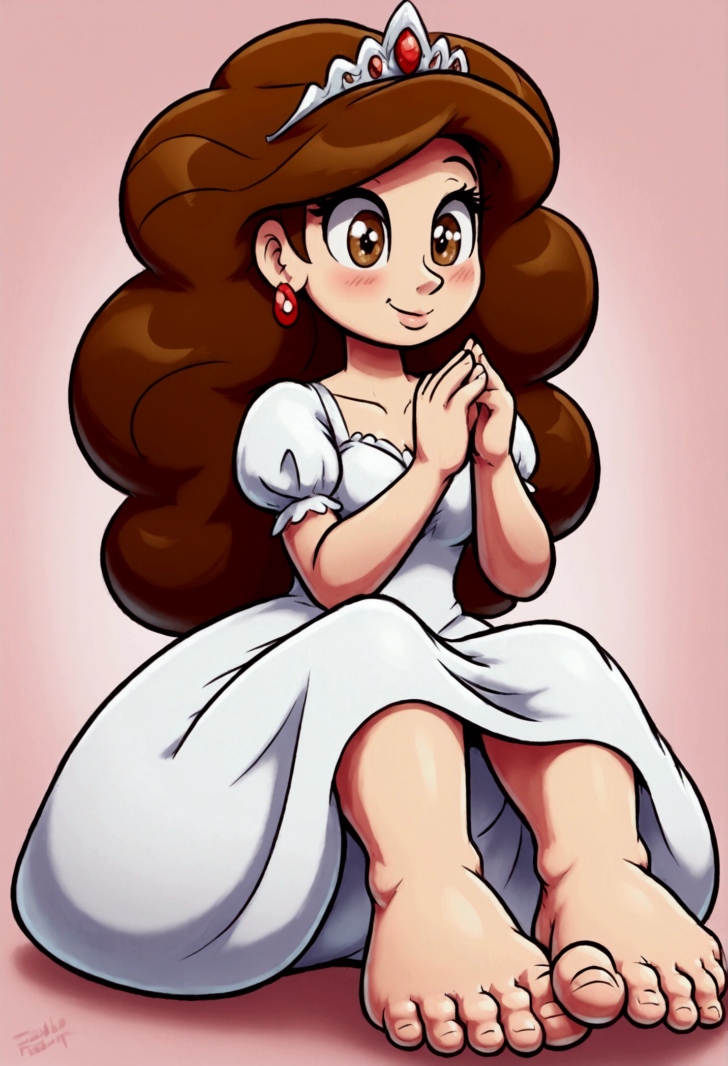 A_princess_with_big_feet (massive feet, giant toes) hair_color (brown hair) (white dress) eye_color (brown eyes) silver_tiara ((teasing, cute, funny, adorable, masterpiece, high quality))