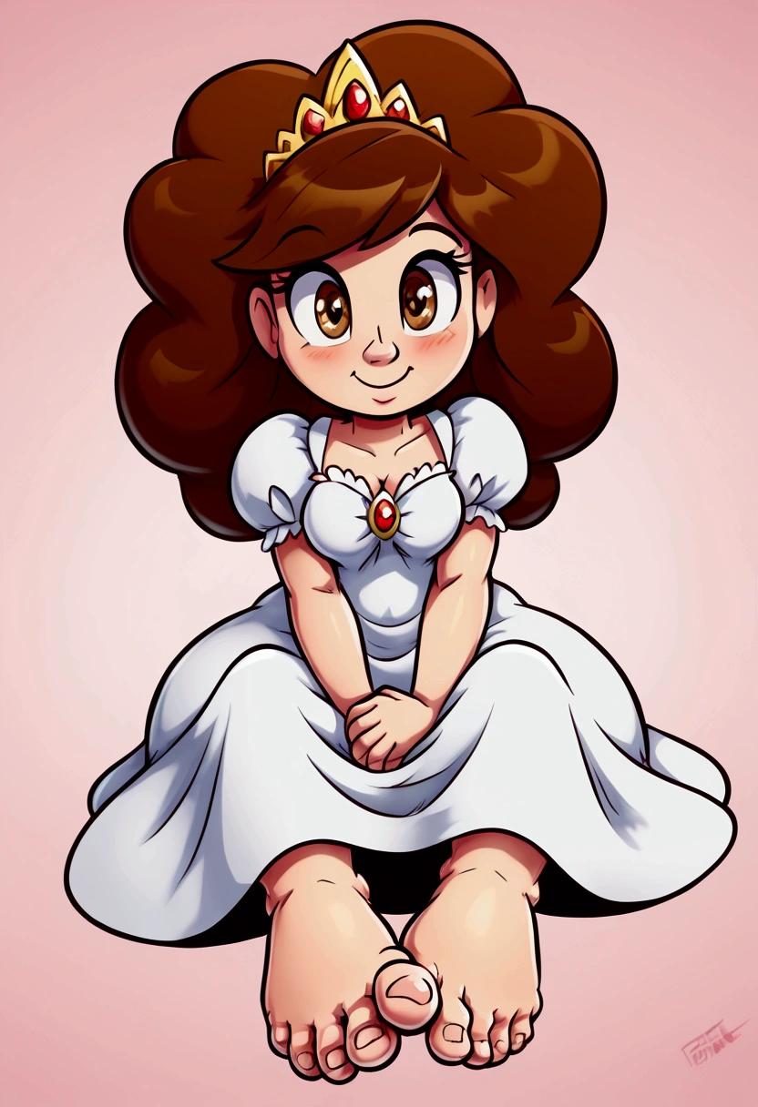 A_princess_with_big_feet (massive feet, giant toes) hair_color (brown hair) (white dress) eye_color (brown eyes) silver_tiara ((teasing, cute, funny, adorable, masterpiece, high quality))