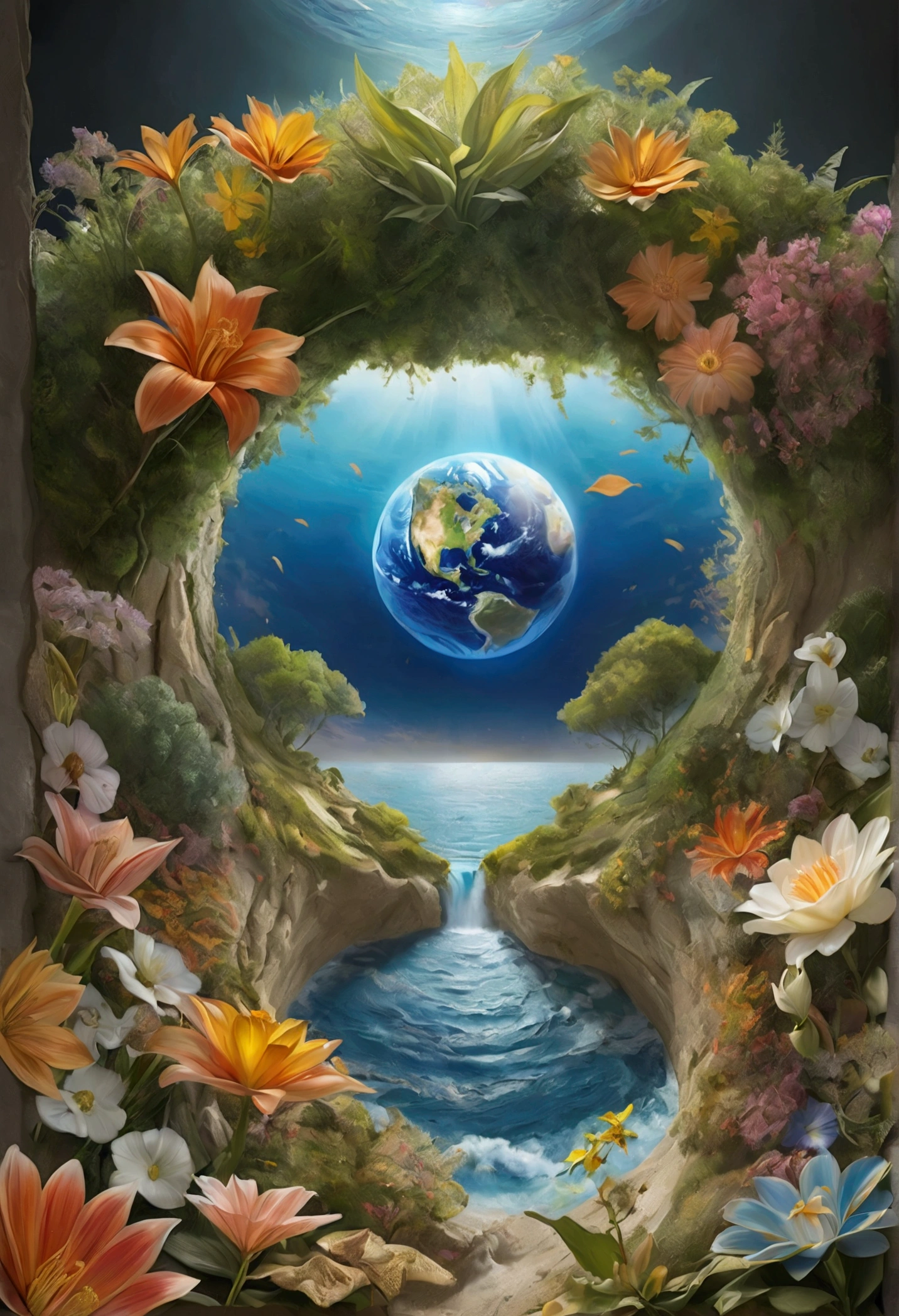 {
"prompt": "A detailed image of the third day, with God gathering the waters into seas and making the dry land appear. The earth is covered with plants, colorful and vibrant trees and flowers. God is at the center, making vegetation sprout from the earth with a magical touch.",
"size": "1024x1024"
}
