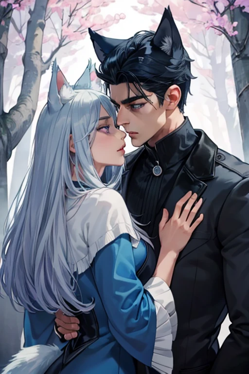 One man. One woman. Perfect face. Perfect hands. Perfect blue wolf ears. Perfect blue wolf tail. A handsome black haired man with blue wolf ears and a blue tail in a long coat is kissing a young silver haired woman with violet eyes and silver cat eyes and silver cat ears in the creepy forest