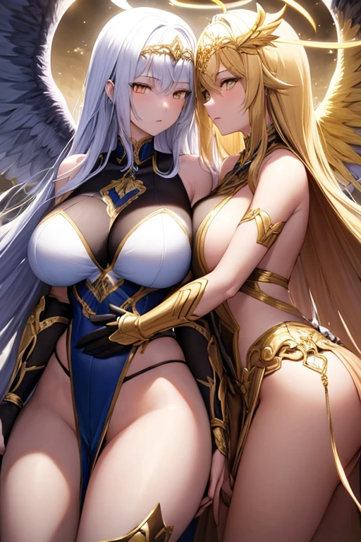 (best qualityer), (work of art), (ultra definition), Ultra detailed image with 2 girls battling with giant swords, a girl has long white hair and white armor and white angelic wings and golden halo on her head and white eyes and a giant golden sword in her hand, the other girl has long golden hair with golden armor and golden dragon wings and golden eyes and a giant black sword in her hand