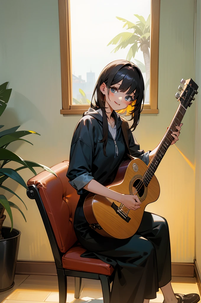1 girl, sitting down with an acoustic guitar, background, inside of a house sitting, behind a window that showing LA with palm trees, she is facing towards you, looking towards you, with a big smile, full body, sitting on a chair, window in the middle of wall, her body facing toward you, eyes close, smiling, head looking down at her guitar, facing you,