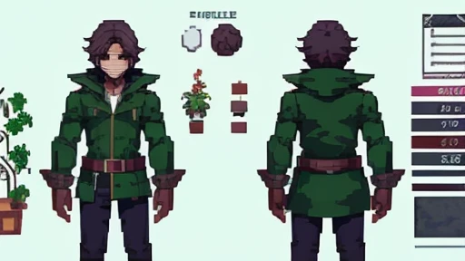 pixel art, Masterpiece, pix, ((( Create images of a Game Based on POKÉMON EMERALD ROGUE 2.0, charachter, Pokémon, NPCs, citys, mappa, small town, Plants of all characteristics))) ,  Anime style, Cute, 4K, masterpiece, detailded.💚（（tmasterpiece）），（（（best qualtiy））），（CharacterDesignSheet，Same role，frontage，Lateral face，on  back），concept-art，concept art of character，Character sketches，reference sheet，Role table, 