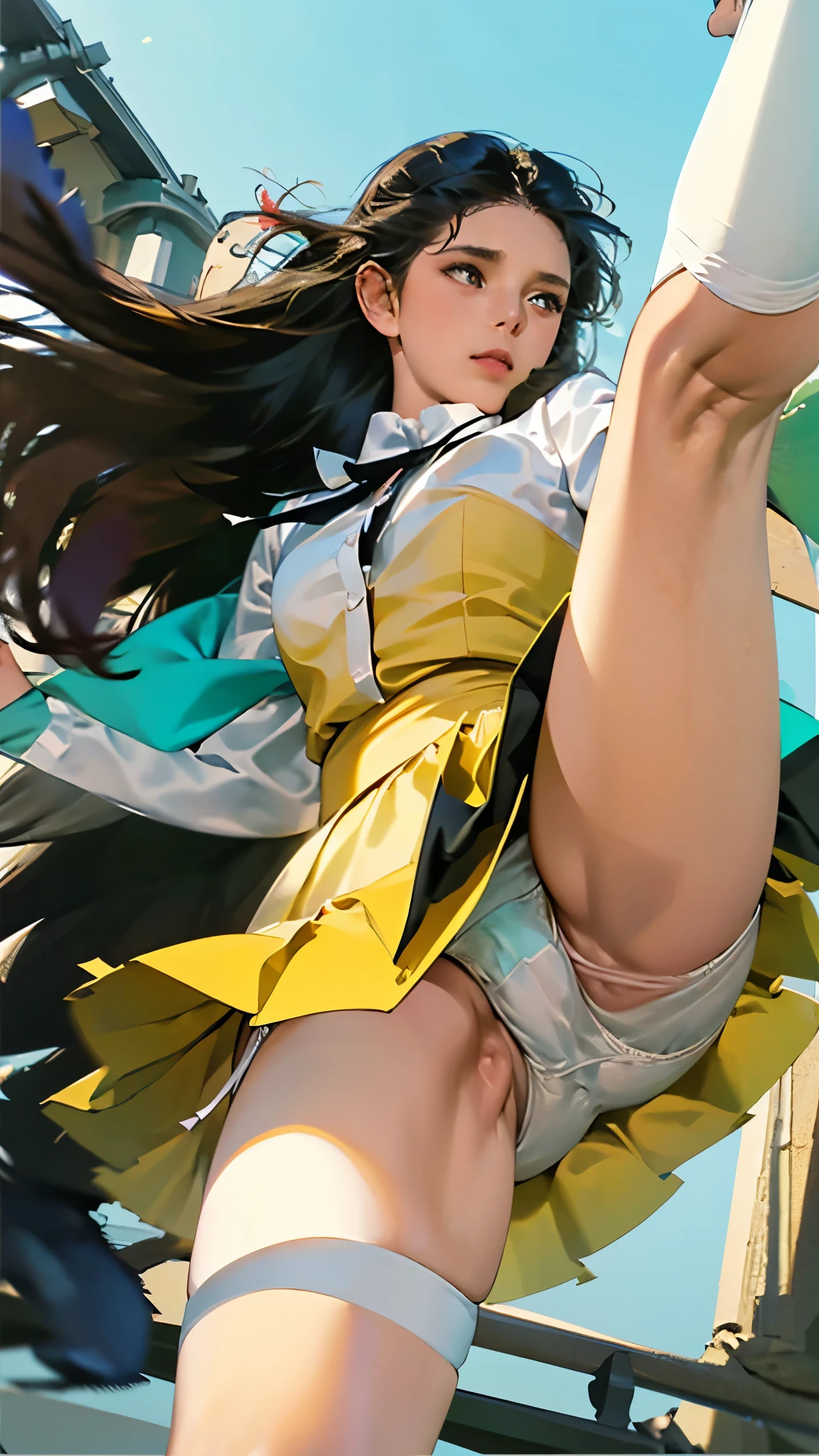 (RAW Photos:1.2, Realistic:1.3), masterpiece:1.4, Highest quality:1.3, Best details:1.3, beautifully、aesthetic, Very detailed CG ユニティ 8k 壁紙,( Vibrant colors:1.1), High resolution,break ((From below:1.3, Looking down:1.3, A powerful low angle shot from the ground_level:1.3)),( Intense crotch close-up:1.3, Scale to fit dimensions:1.3),(( Sharp focus:1.1, Crotch focus:1.0)),(( Perfect Anatomy:1.3)),(( Five fingers, perfect in every detail:1.3)), break (One girl),( skirt flipped up in the Wind:1.3),((surprised posture:1.1, View your viewers:1.3)),( Exposed Sexy_white_panties:1.3, Camel Toe:1.2), break (Seraphim:1.1),( knees_length_skirt),super detailed beautiful white skin, Slender body:1.2, Small hips, beautifully細い脚:1.3, break Most detailed Beautiful Face and eyes:1.2,(surprised:1.0),( cute:1.3, So adorable:1.1),( Beautiful Face:1.2, Perfect Face, Attractive face:1.2),( shiny brunette hair blowing in the Wind:1.3, Glossy Lips:1.0), break (Perfect lighting:1.3,Very detailed, Most detailed,Depth of written boundary), 街の階段の美しいWind景:1.1, sunny, Golden Hour, Wind:1.2, null:1.0, Dark Theme