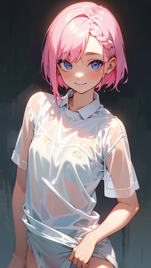 Pink Hair Girl、Partially braided、short hair、Background white、White shirt、smile、Wet、The clothes are see-through、Underwear is visible