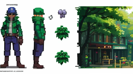 pixel art, Masterpiece, pix, ((( Create images of a Game Based on POKÉMON EMERALD ROGUE 2.0, charachter, Pokémon, NPCs, citys, mappa, small town, Plants of all characteristics))) ,  Anime style, Cute, 4K, masterpiece, detailded.💚（（tmasterpiece）），（（（best qualtiy））），（CharacterDesignSheet，Same role，frontage，Lateral face，on  back），concept-art，concept art of character，Character sketches，reference sheet，Role table, 