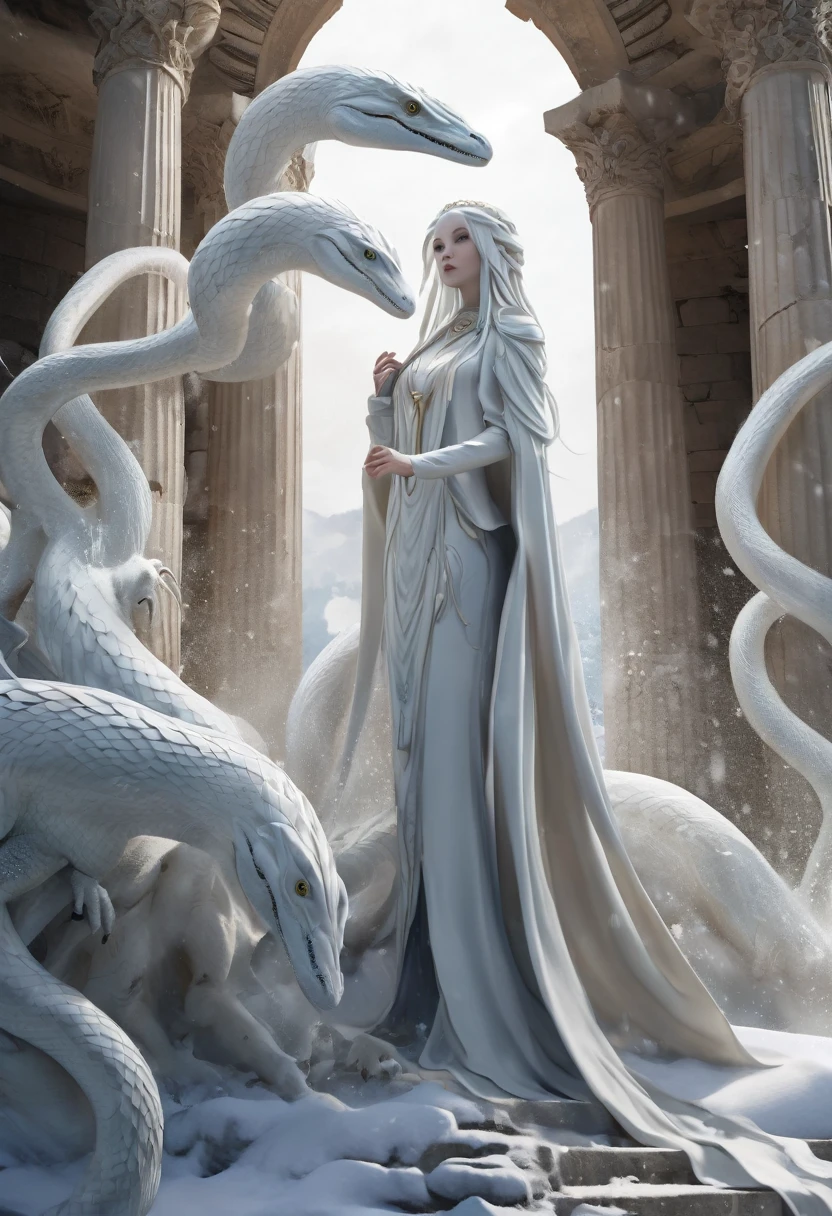 Anime stile, Lovecraftian creature, 10 meters, elegant humanoid shape, snow-white porcelain skin, smooth and cold to the touch, slender and curvy body, with a silhouette reminiscent of a marble sculpture, snow-white hair flowing in waterfall, covering its entire body like a cloak, creating an ethereal appearance, serene and majestic posture, hands with sharp white claws that contrast with its soft skin, agile and powerful legs, similar to those of a velociraptor, white tendrils emerging from his back, undulating like snakes, background of an ancient Greek temple in ruins."